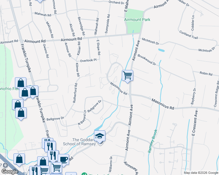 map of restaurants, bars, coffee shops, grocery stores, and more near 4 Devon Court in Mahwah