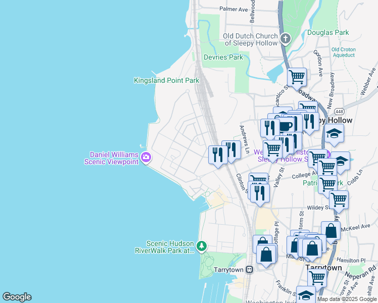 map of restaurants, bars, coffee shops, grocery stores, and more near 2 Maxwell Drive in Sleepy Hollow