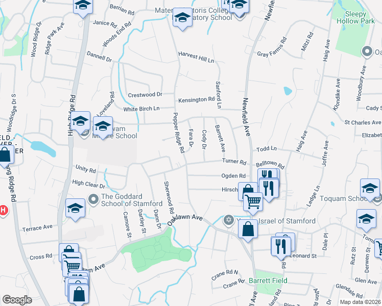 map of restaurants, bars, coffee shops, grocery stores, and more near 9 Fara Drive in Stamford