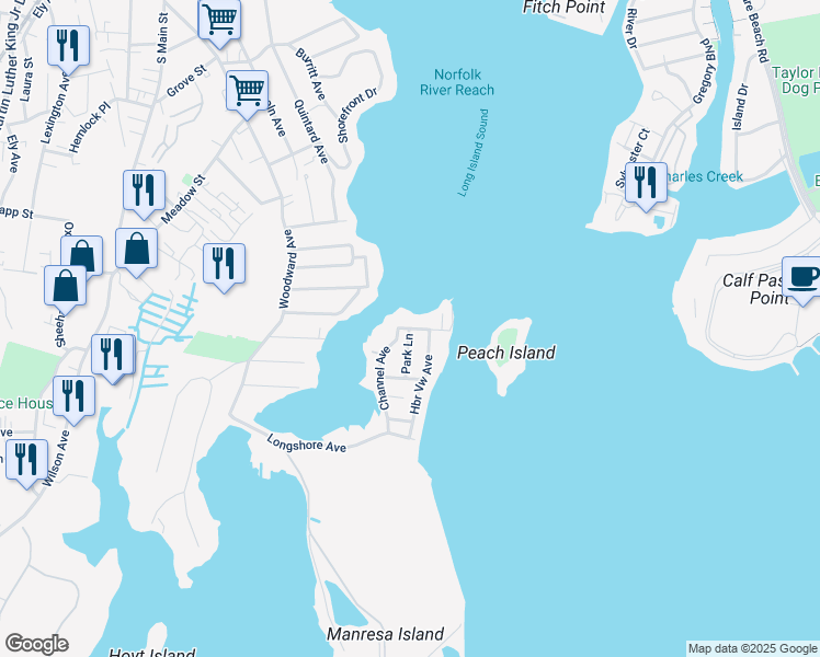 map of restaurants, bars, coffee shops, grocery stores, and more near 45 Neptune Avenue in Norwalk