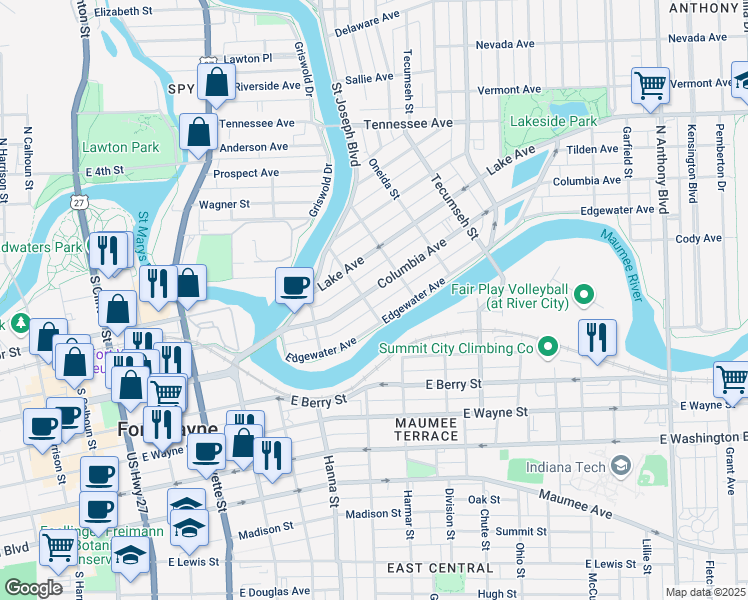 map of restaurants, bars, coffee shops, grocery stores, and more near 850 Columbia Avenue in Fort Wayne