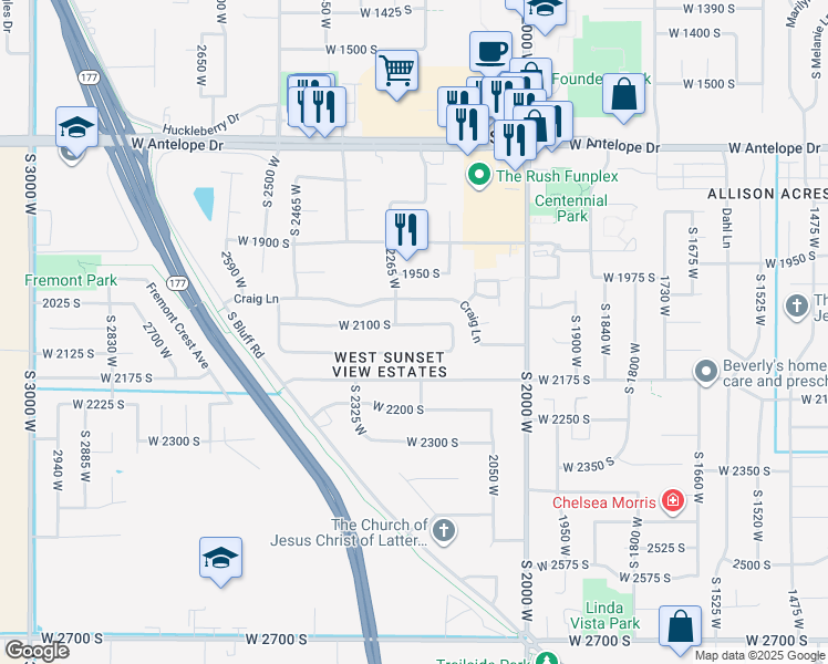 map of restaurants, bars, coffee shops, grocery stores, and more near 2229 West 2100 South in Syracuse