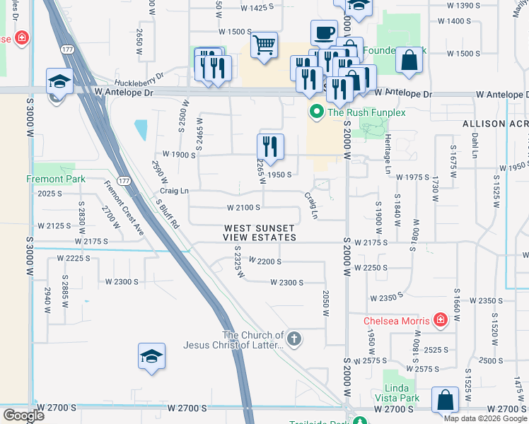 map of restaurants, bars, coffee shops, grocery stores, and more near 2261 West 2100 South in Syracuse