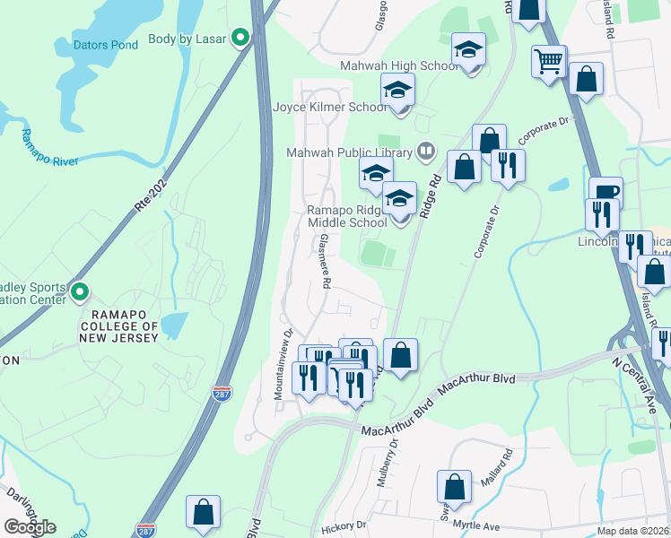 map of restaurants, bars, coffee shops, grocery stores, and more near 610 Glasmere Road in Mahwah