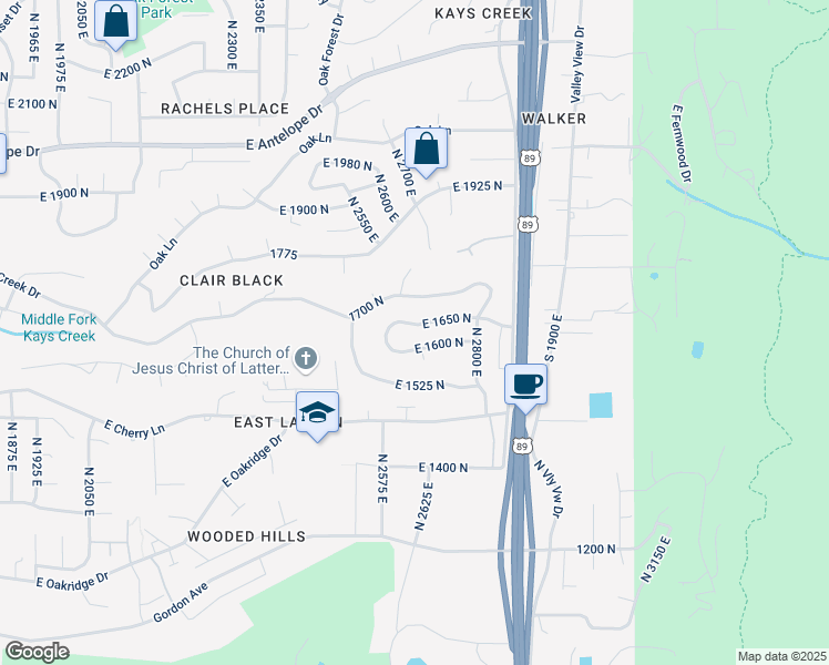 map of restaurants, bars, coffee shops, grocery stores, and more near 2685 East 1600 North in Layton