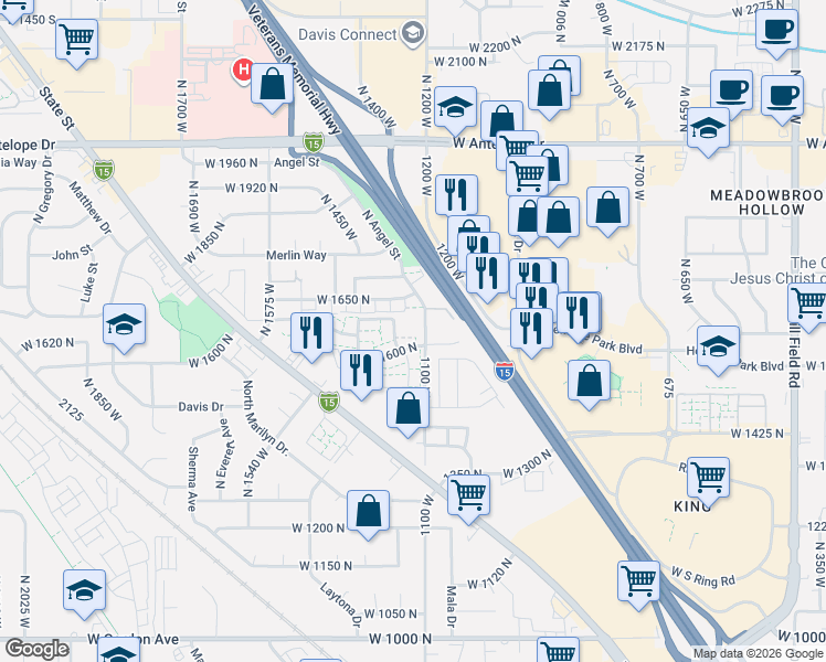 map of restaurants, bars, coffee shops, grocery stores, and more near 1615 North Angel Street in Layton