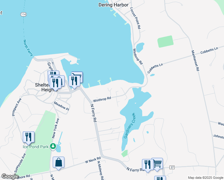 map of restaurants, bars, coffee shops, grocery stores, and more near 13 Winthrop Road in Shelter Island Heights