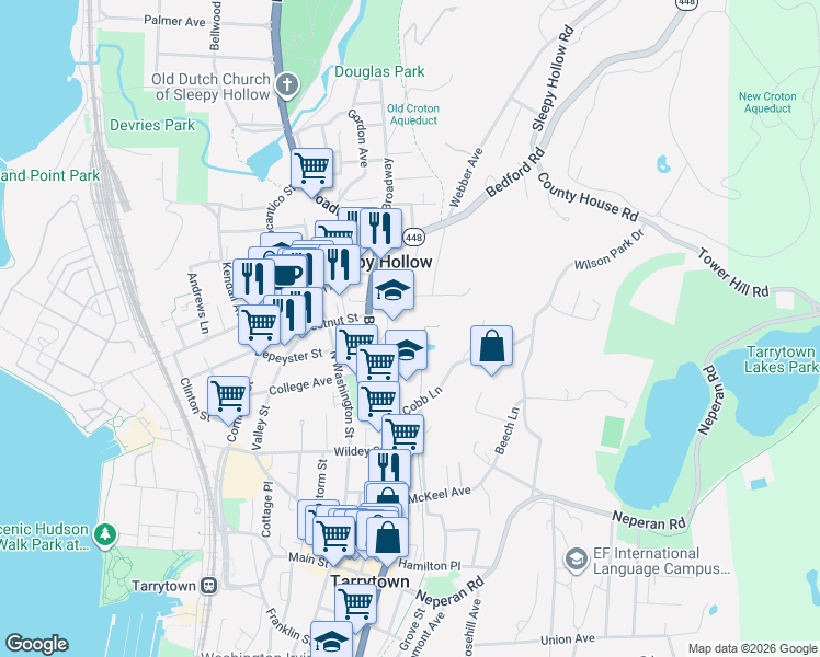 map of restaurants, bars, coffee shops, grocery stores, and more near in Sleepy Hollow
