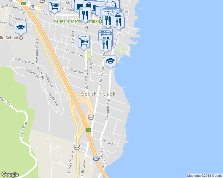 map of restaurants, bars, coffee shops, grocery stores, and more near 12 Voorhis Point in Nyack