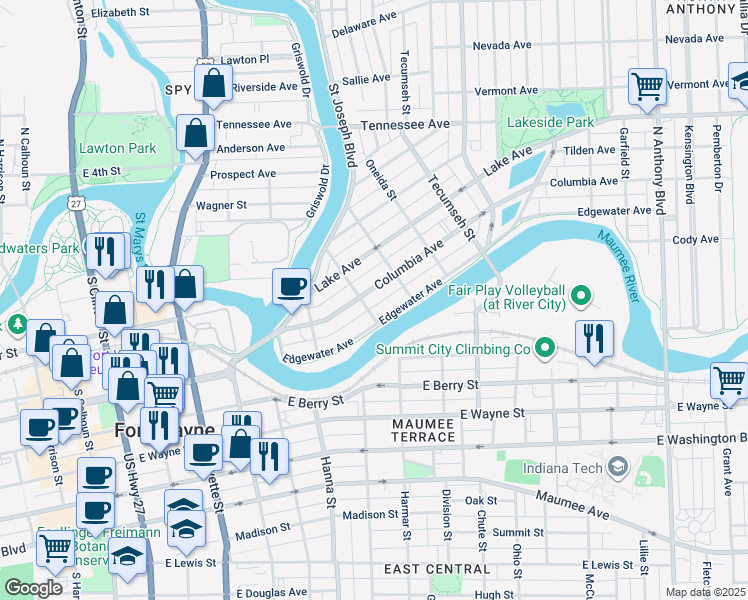 map of restaurants, bars, coffee shops, grocery stores, and more near 850 Columbia Avenue in Fort Wayne