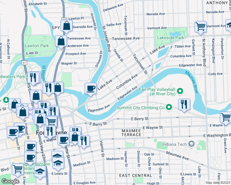 map of restaurants, bars, coffee shops, grocery stores, and more near 850 Columbia Avenue in Fort Wayne
