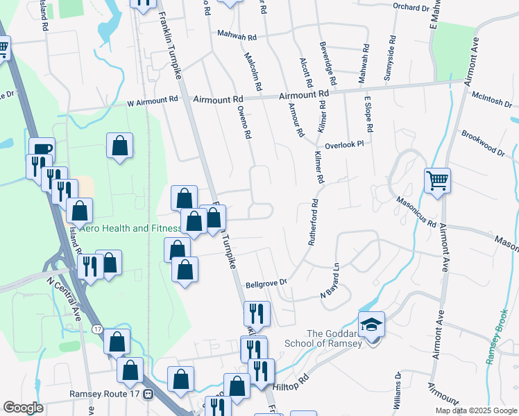 map of restaurants, bars, coffee shops, grocery stores, and more near 59 Wagon Trail in Mahwah