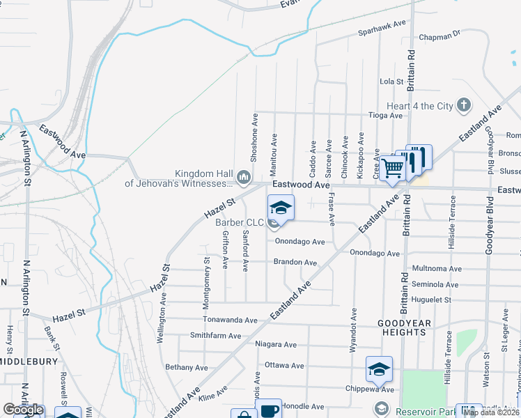 map of restaurants, bars, coffee shops, grocery stores, and more near 689 Garry Road in Akron