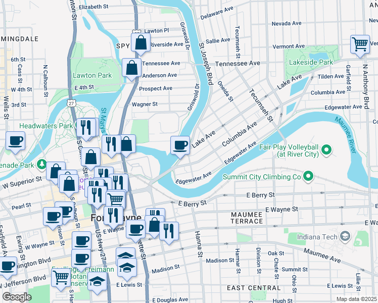 map of restaurants, bars, coffee shops, grocery stores, and more near 806 Lake Avenue in Fort Wayne