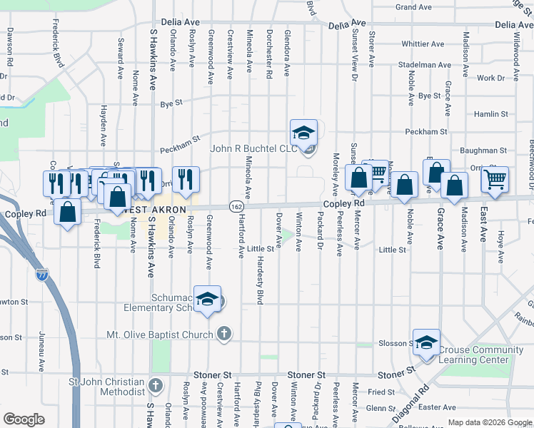 map of restaurants, bars, coffee shops, grocery stores, and more near 1127 Copley Road in Akron