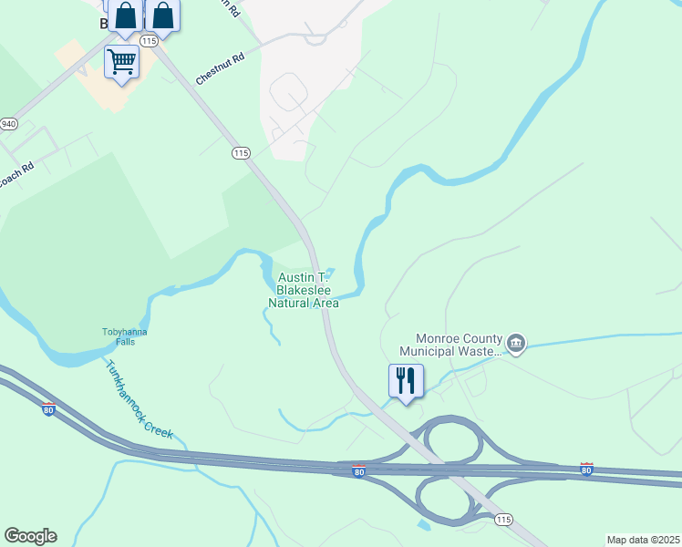 map of restaurants, bars, coffee shops, grocery stores, and more near 5502 Pennsylvania 115 in Blakeslee