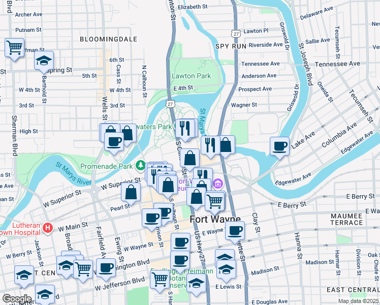 map of restaurants, bars, coffee shops, grocery stores, and more near 333 South Clinton Street in Fort Wayne