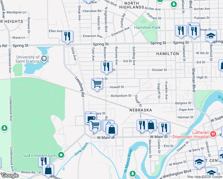 map of restaurants, bars, coffee shops, grocery stores, and more near 1719 Howell Street in Fort Wayne