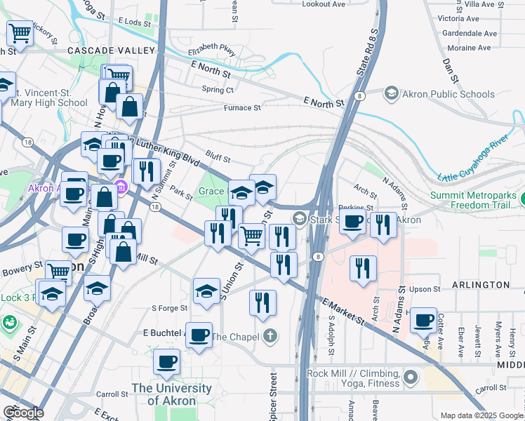 map of restaurants, bars, coffee shops, grocery stores, and more near 92 North Union Street in Akron