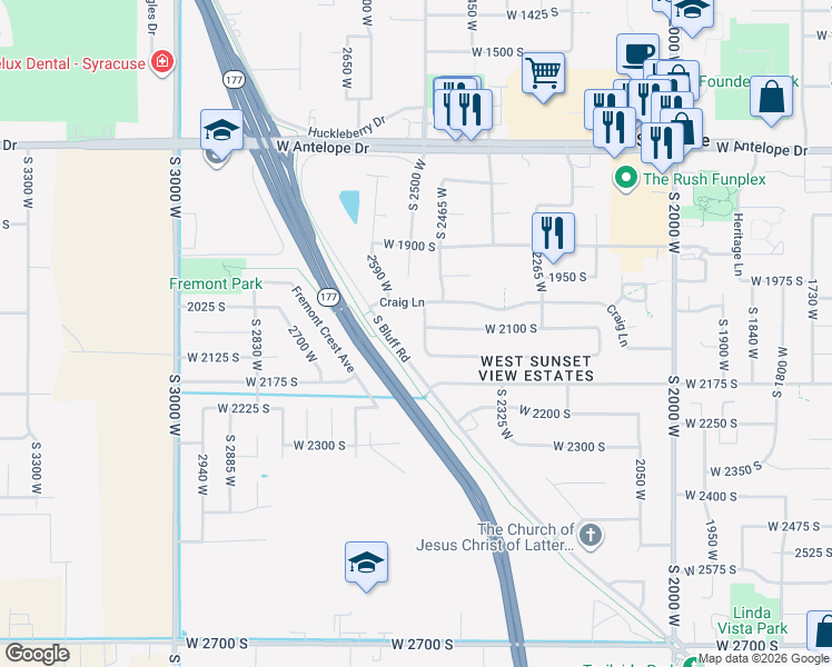 map of restaurants, bars, coffee shops, grocery stores, and more near 2924 South 2500 West in Syracuse