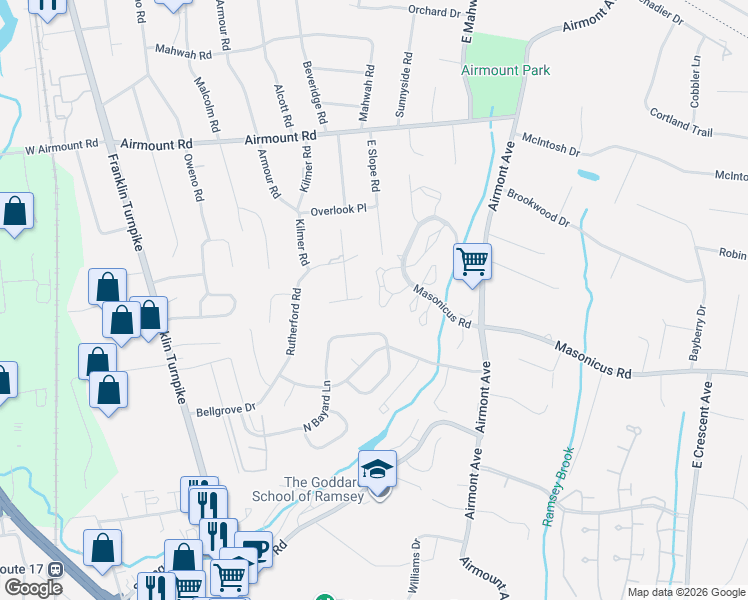 map of restaurants, bars, coffee shops, grocery stores, and more near 1188 Richmond Road in Mahwah