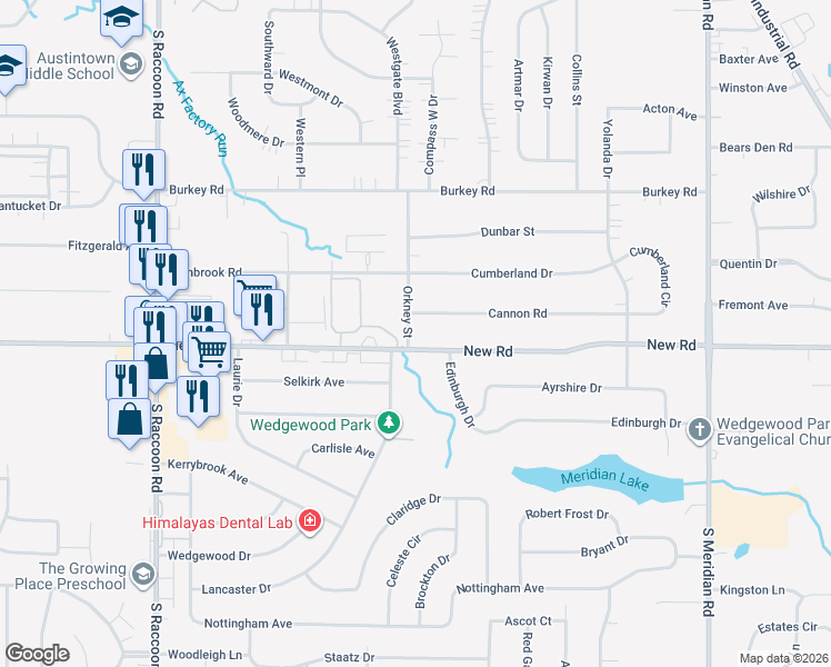 map of restaurants, bars, coffee shops, grocery stores, and more near 3968 New Road in Youngstown