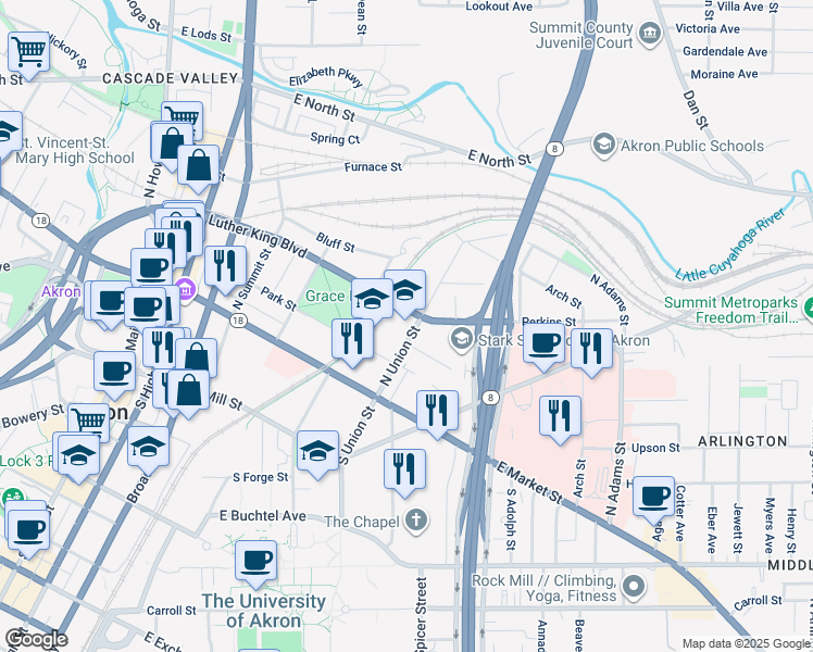 map of restaurants, bars, coffee shops, grocery stores, and more near 92 North Union Street in Akron