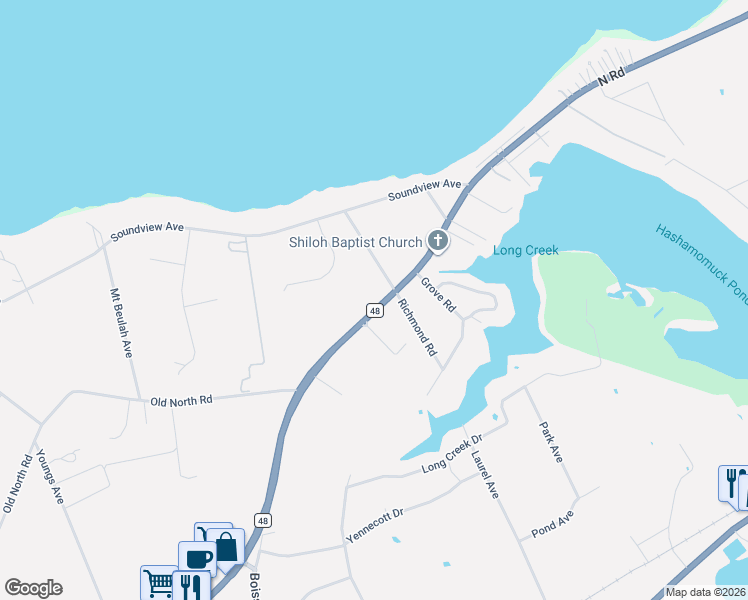 map of restaurants, bars, coffee shops, grocery stores, and more near 50965 County Road 48 in Southold