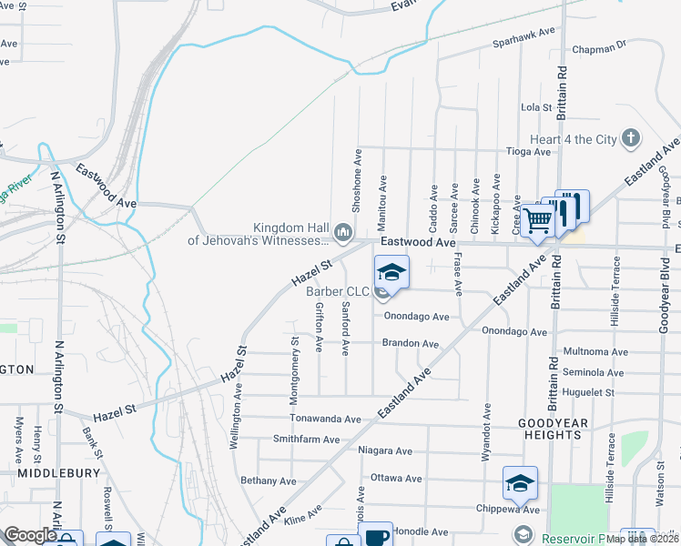 map of restaurants, bars, coffee shops, grocery stores, and more near 720 Sanford Avenue in Akron