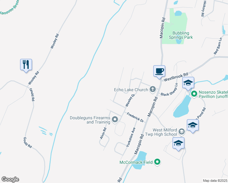 map of restaurants, bars, coffee shops, grocery stores, and more near 11 Bisset Drive in West Milford