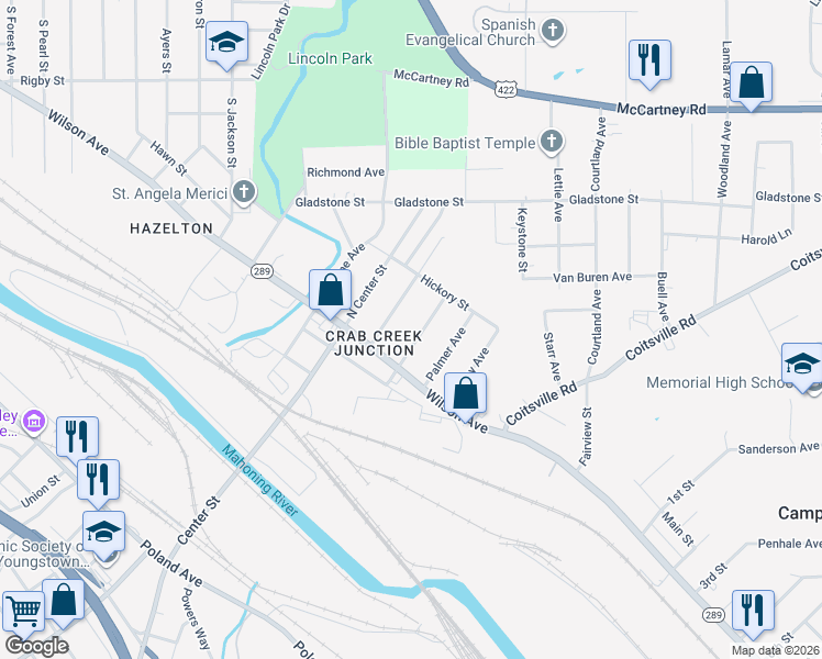 map of restaurants, bars, coffee shops, grocery stores, and more near 35 North Montgomery Avenue in Youngstown
