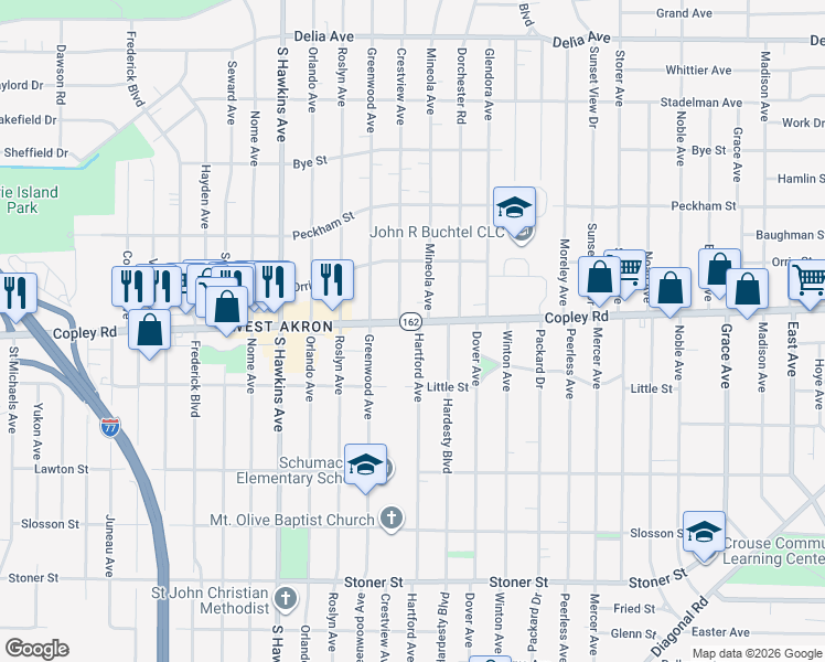 map of restaurants, bars, coffee shops, grocery stores, and more near 1175 Copley Road in Akron