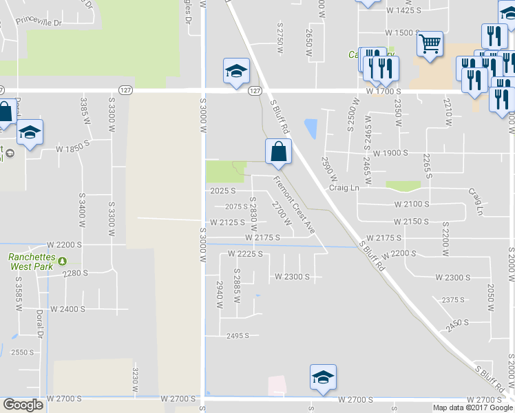 map of restaurants, bars, coffee shops, grocery stores, and more near 2815 2075 South in Syracuse