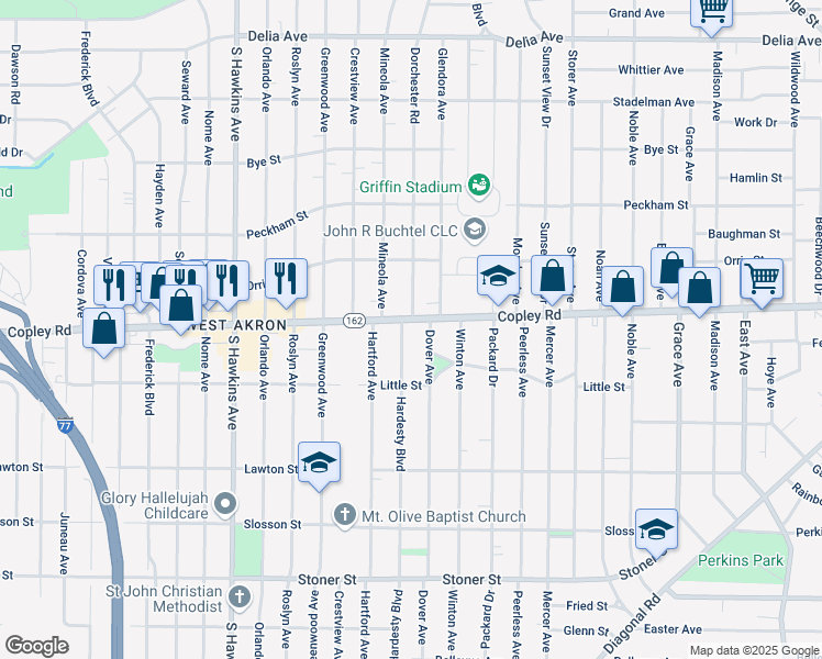 map of restaurants, bars, coffee shops, grocery stores, and more near 1127 Copley Road in Akron