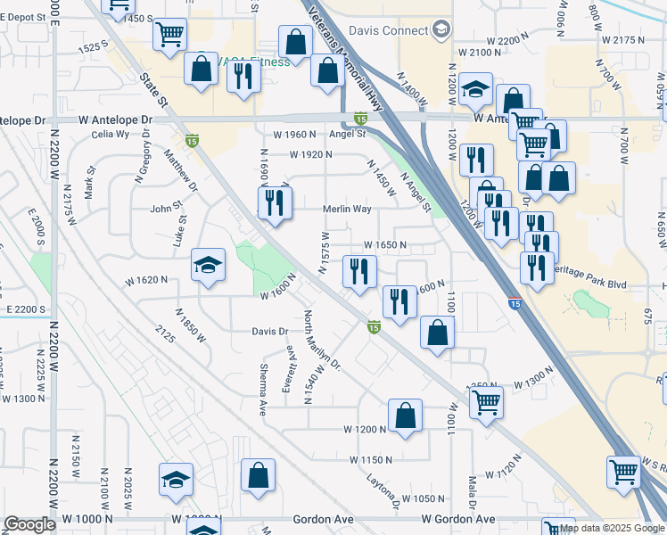 map of restaurants, bars, coffee shops, grocery stores, and more near 1590 North Main Street in Layton