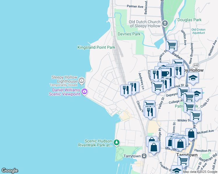 map of restaurants, bars, coffee shops, grocery stores, and more near 2 Maxwell Drive in Sleepy Hollow