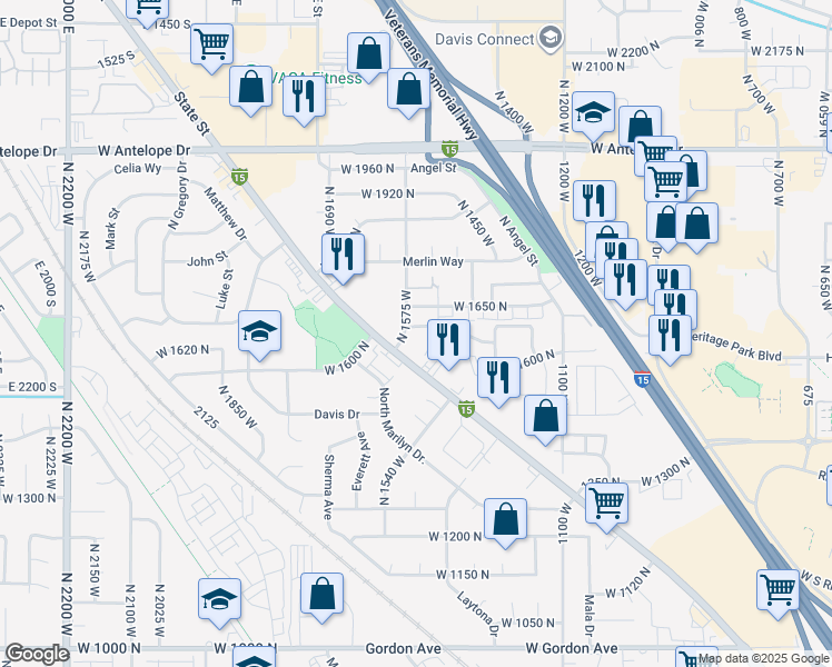 map of restaurants, bars, coffee shops, grocery stores, and more near 1590 North Main Street in Layton
