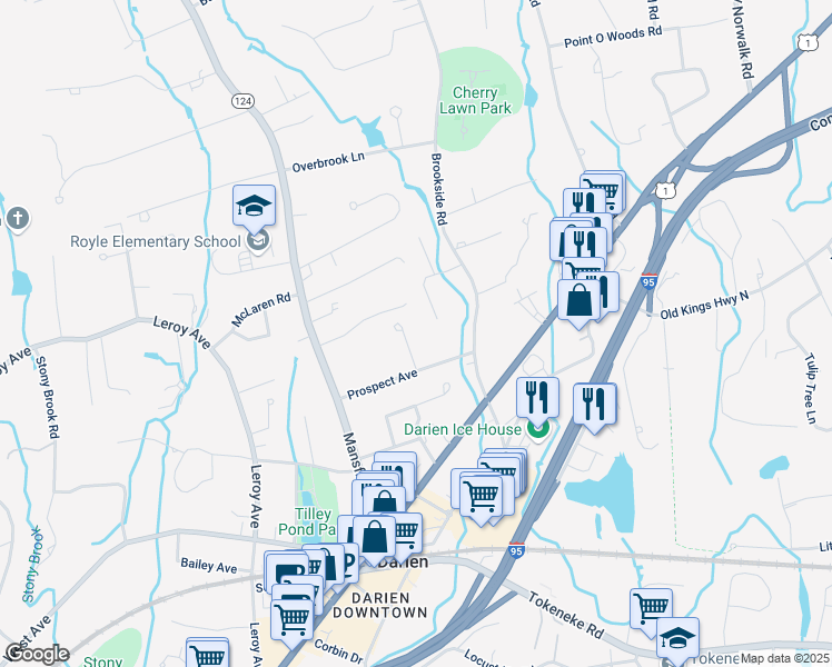 map of restaurants, bars, coffee shops, grocery stores, and more near 10 Morehouse Drive in Darien