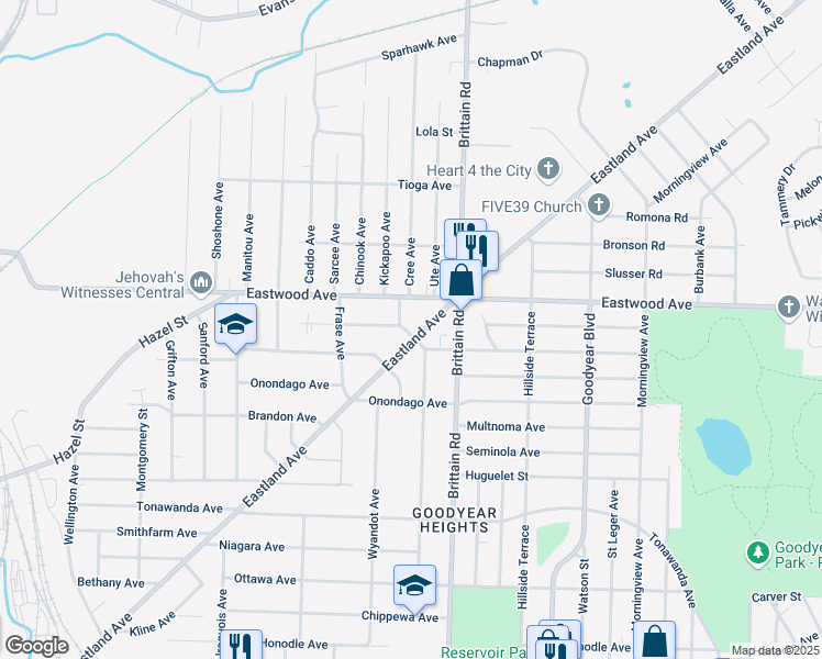 map of restaurants, bars, coffee shops, grocery stores, and more near 718 Eastland Avenue in Akron