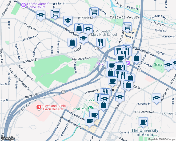 map of restaurants, bars, coffee shops, grocery stores, and more near 146 King Drive in Akron