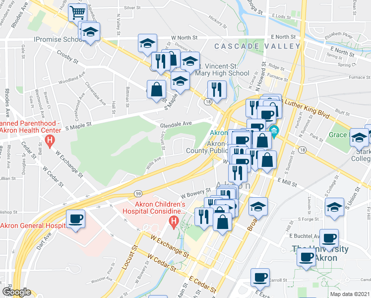 map of restaurants, bars, coffee shops, grocery stores, and more near 102 Wills Avenue in Akron