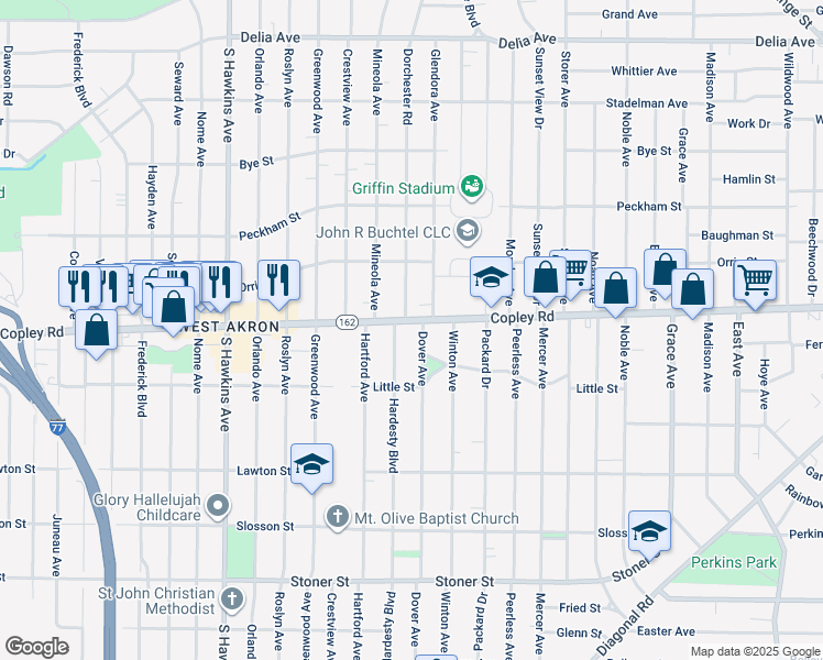 map of restaurants, bars, coffee shops, grocery stores, and more near 1127 Copley Road in Akron