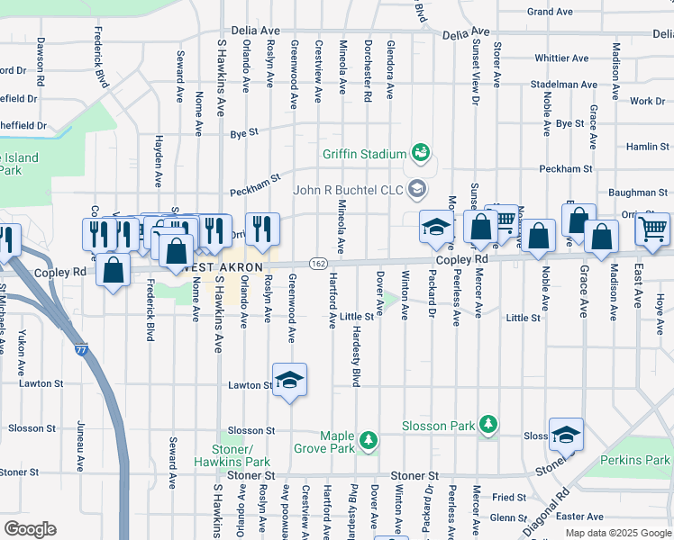 map of restaurants, bars, coffee shops, grocery stores, and more near 863 Hartford Avenue in Akron