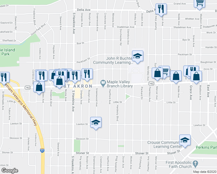map of restaurants, bars, coffee shops, grocery stores, and more near 863 Hartford Avenue in Akron