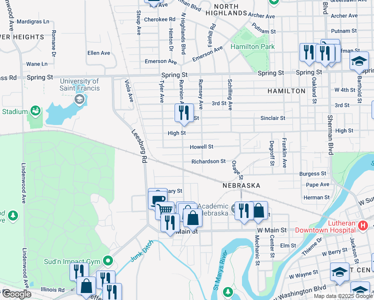 map of restaurants, bars, coffee shops, grocery stores, and more near 1020 Runnion Avenue in Fort Wayne