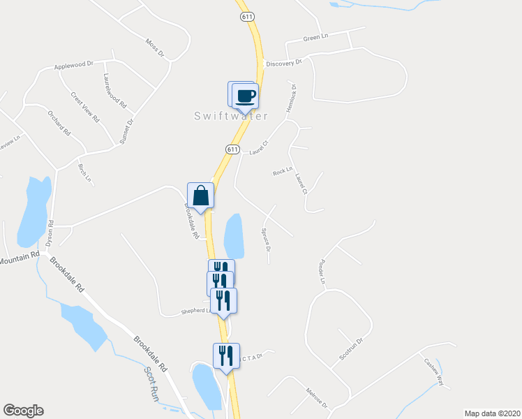 map of restaurants, bars, coffee shops, grocery stores, and more near 28 Lake Drive in Swiftwater