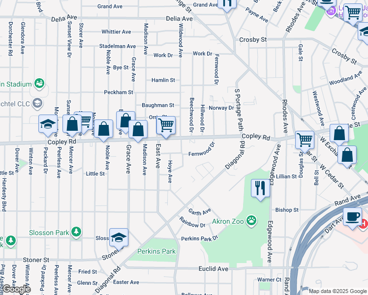 map of restaurants, bars, coffee shops, grocery stores, and more near 523 Wildwood Avenue in Akron