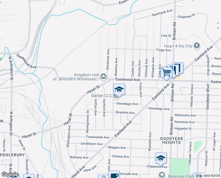 map of restaurants, bars, coffee shops, grocery stores, and more near 689 Garry Road in Akron