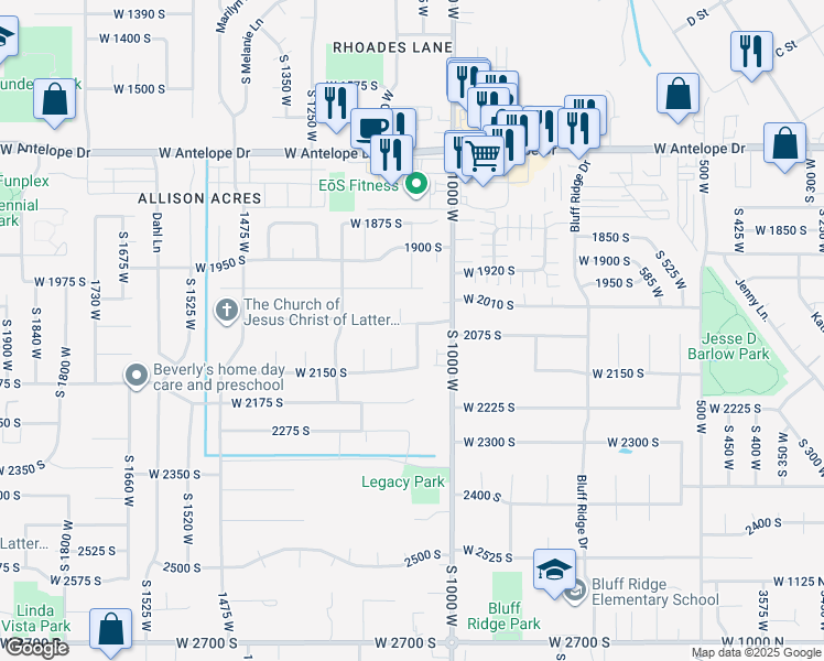 map of restaurants, bars, coffee shops, grocery stores, and more near 1079 West 2050 South in Syracuse