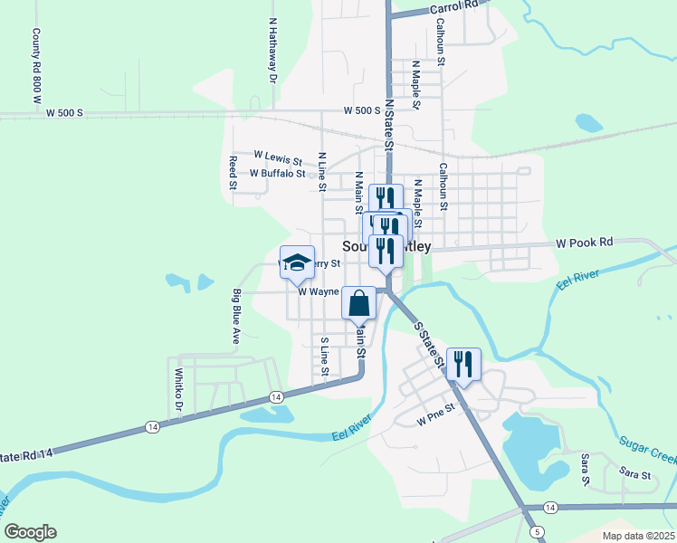 map of restaurants, bars, coffee shops, grocery stores, and more near 207 West Wayne Street in South Whitley